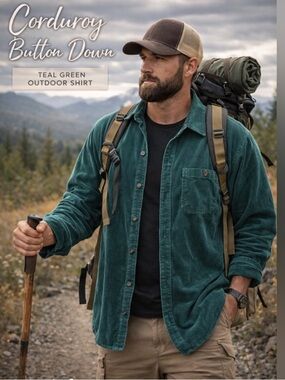 Stoic Corduroy Button Down Shirt Jacket Green Teal Overshirt Outdoor Large